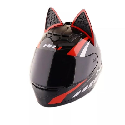 Мотошлем HNJ с кошачьими ушками красный, размер S-3